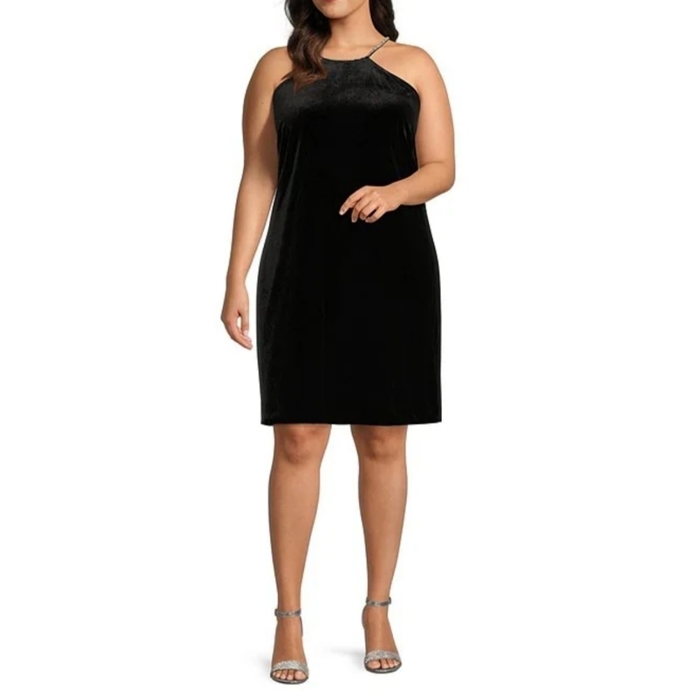 NWT Alex Marie Black Stretch Velvet Halter Dress Size 3X